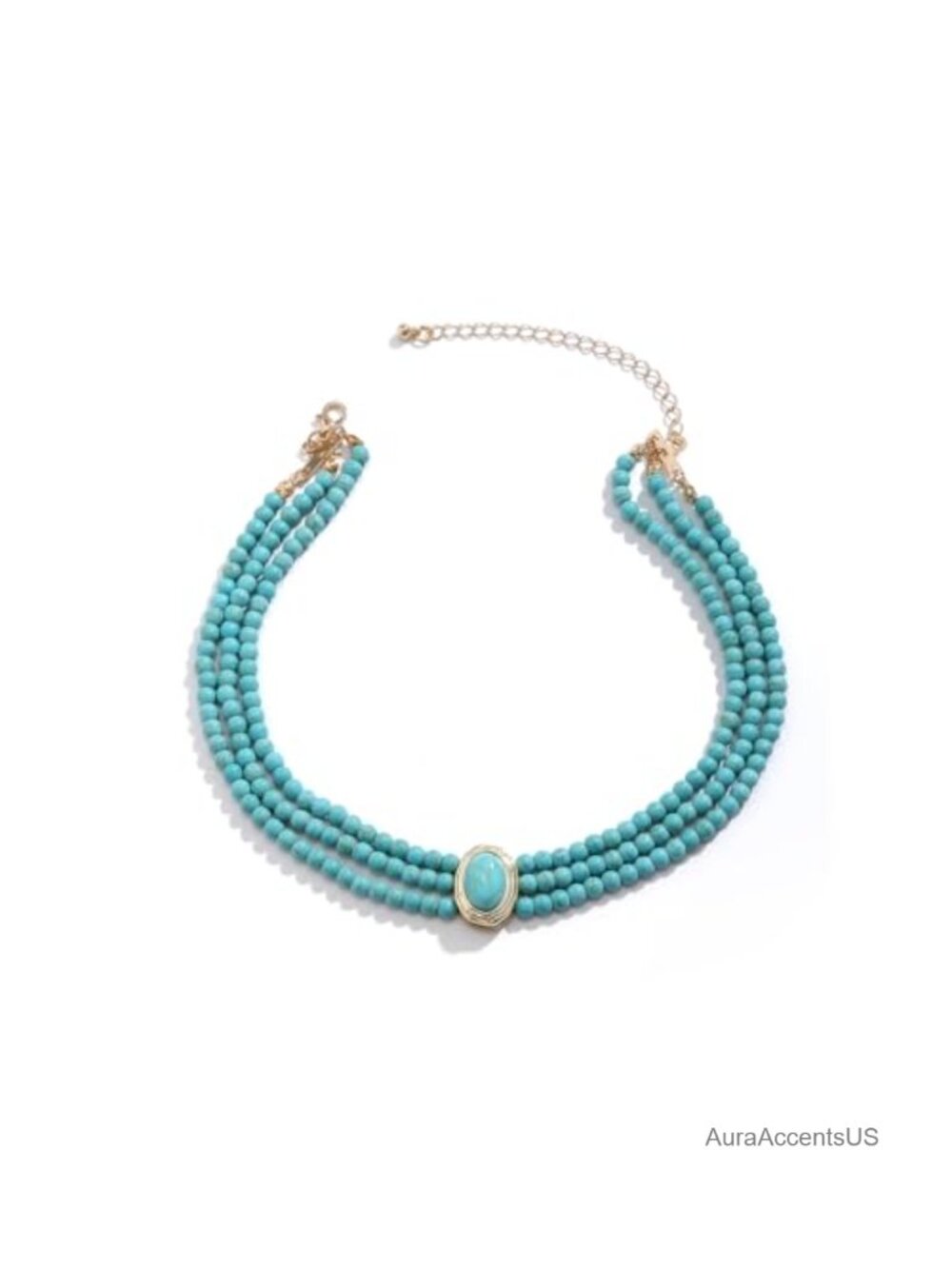Turquoise Beaded Choker Necklace with Lobster Clasp and Oval Charm